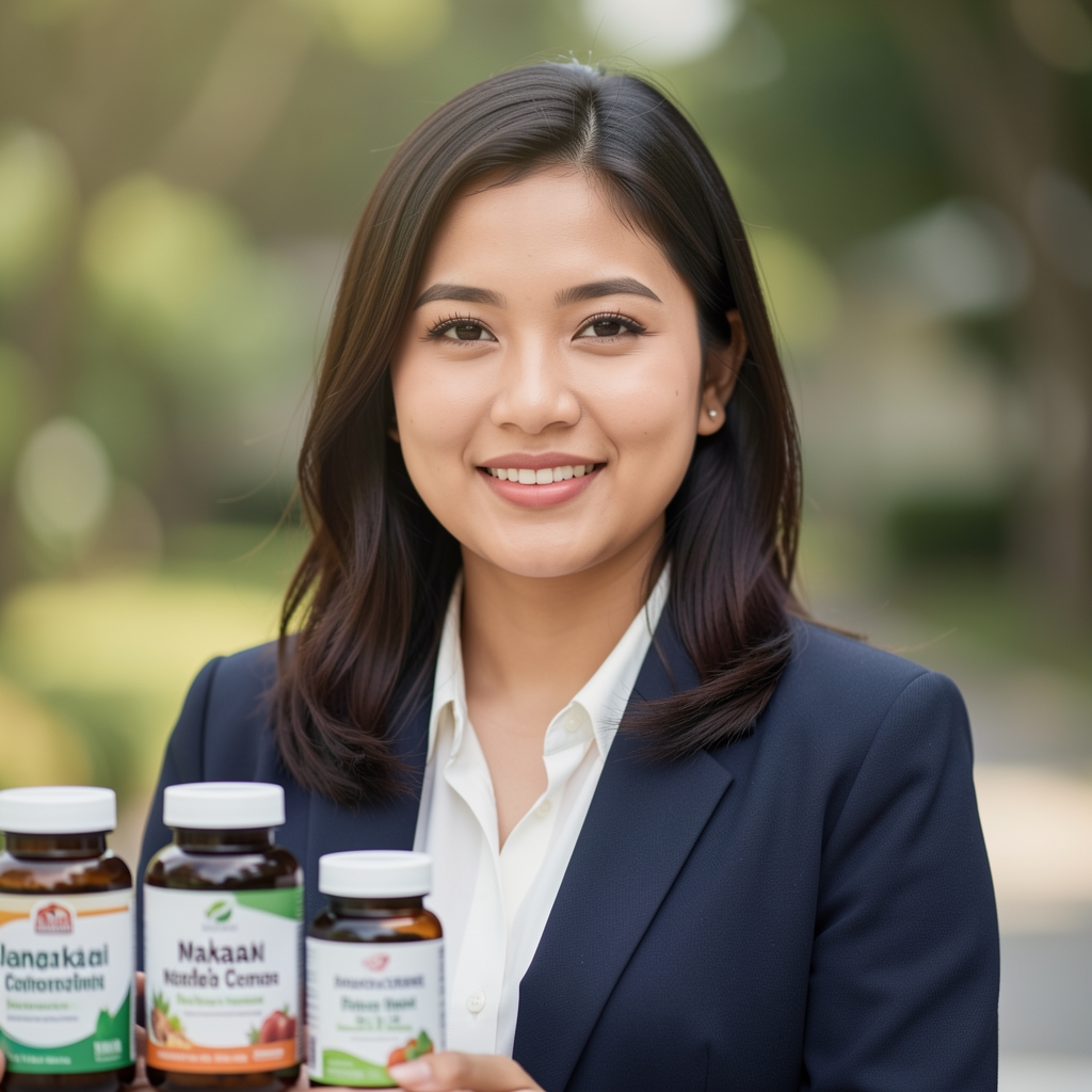 Portrait of Budi Santoso, contributing writer at Irunok Journal, editorial composition, Jakarta-based nutritional science communicator with supplement containers visible